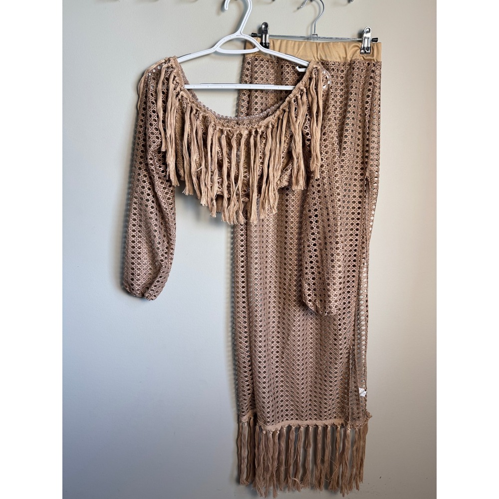 Unbranded Womens Tan Crochet Fringe Two Piece Skirt Set S Boho Festival Beach